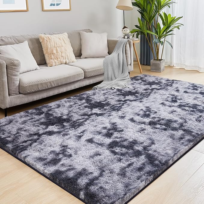6x9 Area Rugs for Living Room, Fluffy Shaggy Bedroom Rug Indoor Carpet, Anti-Skid Soft High Pile Rug for Nursery, Kids Room, Bedside, Home Decoration, Tie-Dyed Dark Grey-CubbioJoy