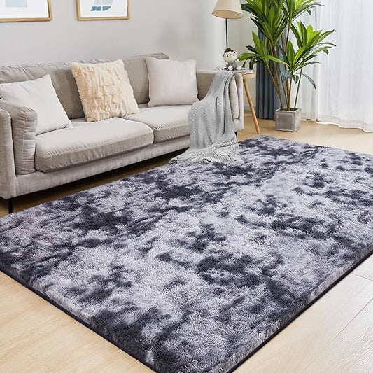 8x10 Fluffy Rugs for Living Room, Ultra Soft Plush Area Rug for Bedroom, Anti-Skid High Pile Indoor Carpet for Nursery, Kids Room, Playroom, Home Decoration, Tie-Dyed Dark Grey-CubbioJoy
