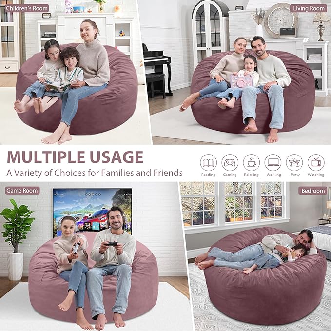 5FT Bean Bag Chair, Large Bean Bag Chairs with Memory Foam Filled, Fluffy Beanbag Sofa with Dutch Velvet Cover, Round BeanBag Chairs for Living Room, Playroom - Dusty Pink-CubbioJoy