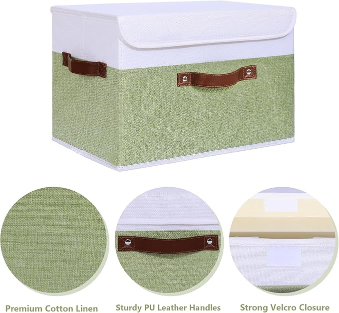 ANMINY 4PCS Storage Boxes with Lid Washable Decorative Storage Bins Basket with PU Leather Handle Foldable Linen Fabric Storage Cubes Containers for Home Closet Organizer - Green White, Large Size-CubbioJoy