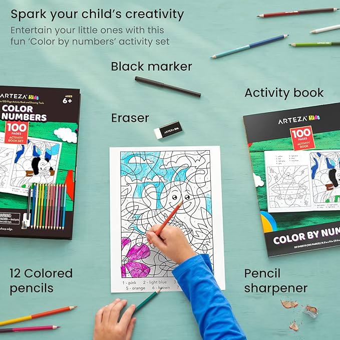 Arteza Kids Activity Book, Color by Numbers Coloring Book, 8.5 x 11 Inches, School Supplies for Ages 6 and Up, 50 Sheets, 12 Double-Ended Colored Pencils, Black Marker, Eraser, Sharpener-CubbioJoy