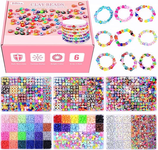 Christmas Gift Set,10000PCS Polymer Clay Beads Bracelet Making kit, Cute Fun Beads Fruit Flower Animal Cake Butterfly Heart Beads Charms for Jewelry Making DIY Accessories for Children Girls-CubbioJoy