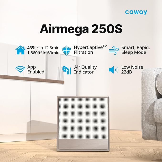 COWAY Air Purifiers for Home Large Room Up to 930 ft², Washable Pre-Filter and True HEPA Filter for Smoke, Allergies, Pet Dander, Odor, AQI, App Control, Smart & Rapid Mode, 3yr Warranty, 250S-CubbioJoy