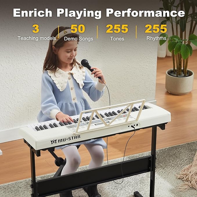 61 Key Piano Keyboard, Electric Keyboard Piano with Light-Up Keys, 255 Tones/Rhythms, Smart Learning System, Headphone, Microphone, Keyboard Stand, Stool, Stickers, Piano Keyboard Set for Beginners-CubbioJoy