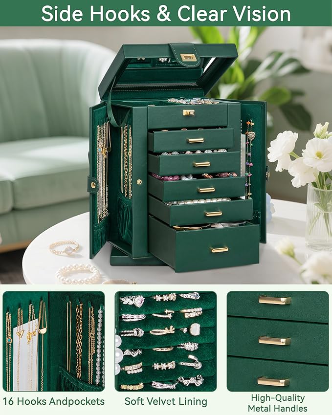 AKOZLIN 360° Rotating Jewelry Box 6-Tier Organizer Functional Jewelry Storage Case for Women Girls Ring Necklace Earring Bracelet Holder with Mirror-CubbioJoy