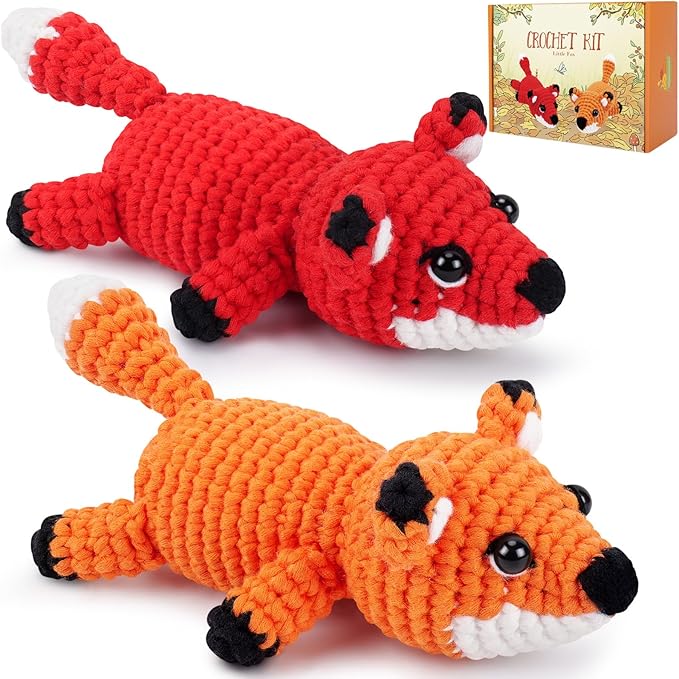 Crochet Kit for Beginners - 2 PCS Fox Crochet Kits with Step-by-Step Video Tutorials, Beginner Crochet Kit for Adults, Crochet Animal Kit for Kids, Crochet Fox Set (Orange & Red)-CubbioJoy
