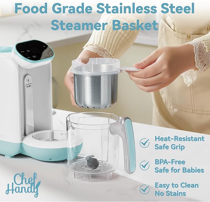 Chefhandy Baby Food Maker, Steamer & Blender, Puree Maker with Auto/Manual Blend, Steam Basket, Bottle Warmer & Sterili-zer, Compact Easy-to-Clean Baby Food Processor (White Blue)-CubbioJoy