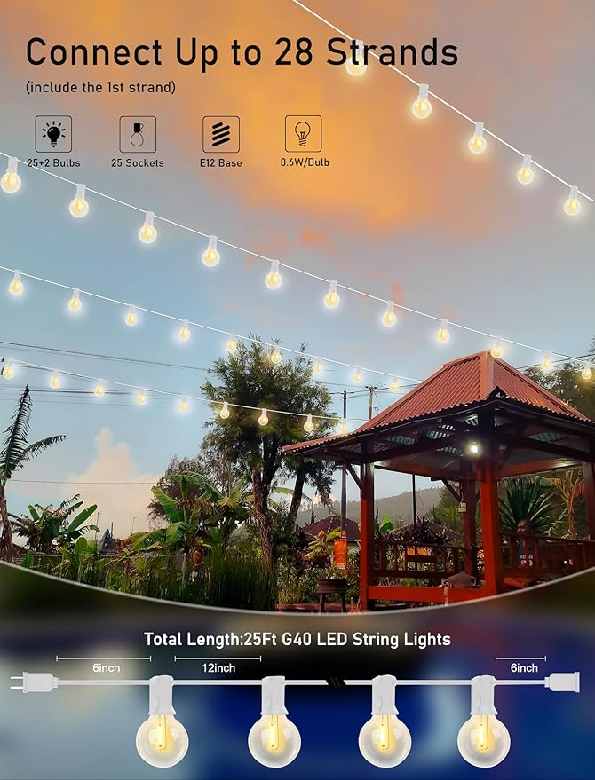 25Ft LED Outdoor String Lights, G40 Globe Patio String Lights Waterproof with 27 Shatterproof Bulbs, Hanging Outdoor Christmas Decorations Lights for Backyard Garden Bistro Wedding Party Decor, White-CubbioJoy