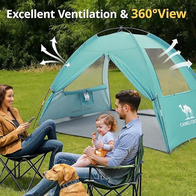 CAMEL CROWN Beach Tent UPF 50+ Sun Shelter for 2/3/5/6 Person, Lightweight Portable Sun Shade with Sand Anchor, Family Beach Day & Outdoor Adventures-CubbioJoy
