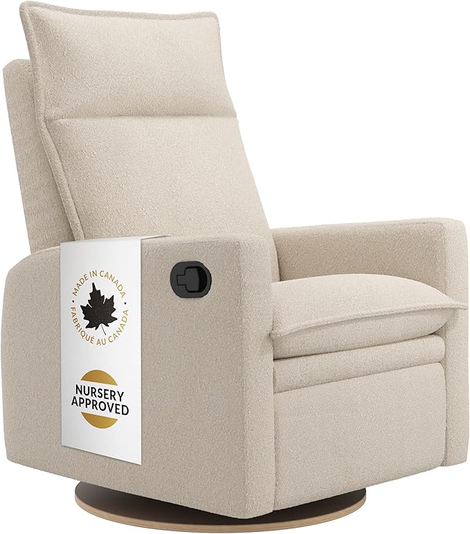 Arya Modern Nursery Glider Recliner Chair – Cozy Nursing Chair with 360° Swivel for New Parents, Gentle Motion, Compact Design, High Back & Low Armrests, Canadian Made (Cream/Beyond Sheep Fabric)-CubbioJoy
