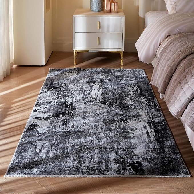 3x5 Rug Washable Boho Rug Soft Area Rug Abstract Pattern Non-Slip Non-Shedding Faux Wool Vintage Rug for Bedside, Bedroom Rug, Kitchen, Floor, Indoor, Laundry, Grey and Black-CubbioJoy
