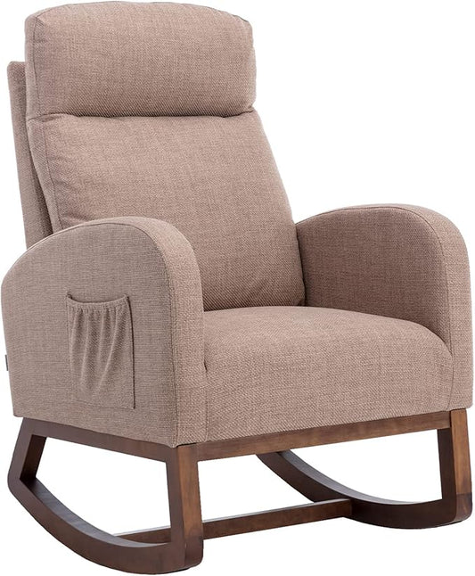 Dolonm Nursery Rocking Chair for Living Room, Upholstered Mid-Century Modern Nursery Rocking Armchair Tall Back Accent Glider Rocker, Camel-CubbioJoy
