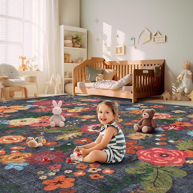 8x10 Area Rug for Living Room: Vintage Floral Washable Rug Soft Boho Non Slip Carpet Large Indoor Floor Non Shedding Low Pile Thin Carpets for Bedroom Dining Room Farmhouse Nursery Home Office Black-CubbioJoy