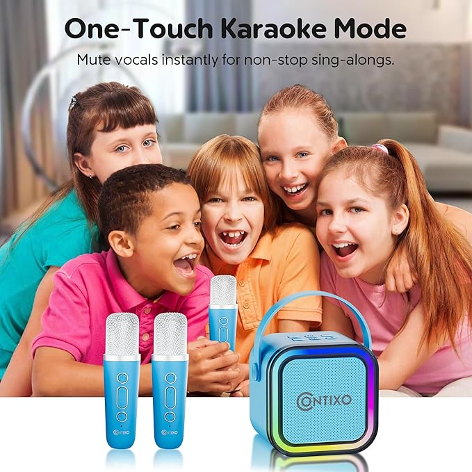 Contixo KS1A Kids Mini Karaoke Machine with LED Lights, 7–10H Playback, Dual Wireless Mics, Magic Voice Effects, Bluetooth Speaker for Children, Portable Singing Toy Gift for Boys & Girls, Blue-CubbioJoy