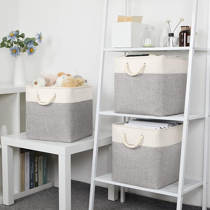 Bidtakay Fabric Basket Set - Large Square Organizer Bins, 13x13, Set of 3, White & Grey-CubbioJoy