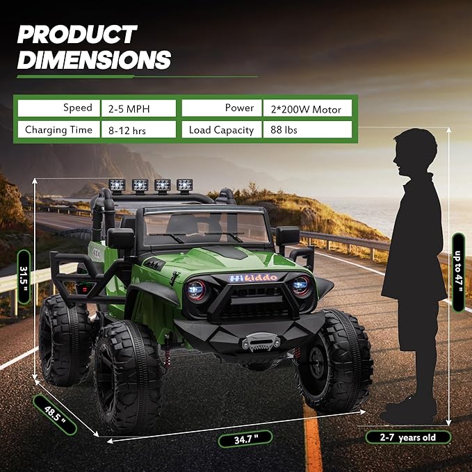 24V 9Ah Ride on Toy for Big Kids, 4x4 2 Seater Ride on Car Truck w/Remote Control, 4x200W Motors - Green-CubbioJoy