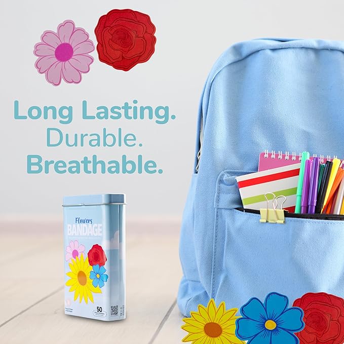 BioSwiss Bandages, Flowers Shaped Self Adhesive Bandage, Latex Free Sterile Wound Care, Fun First Aid Kit Supplies for Kids and Adults, 50 Count-CubbioJoy