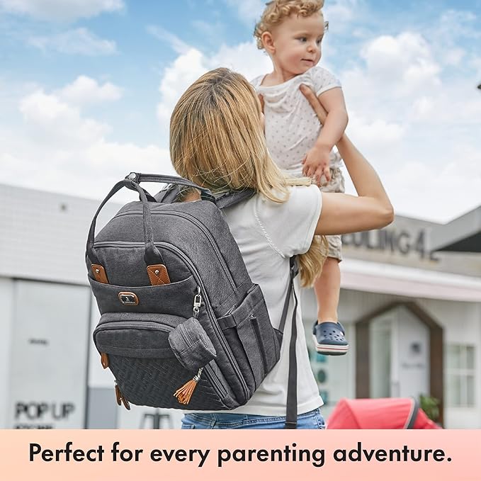 Dikaslon Diaper Bag Backpack with Portable Changing Pad, Pacifier Case and Stroller Straps, Large Unisex Baby Bags for Boys Girls, Multipurpose Travel Back Pack for Moms Dads, Dark Gray-CubbioJoy
