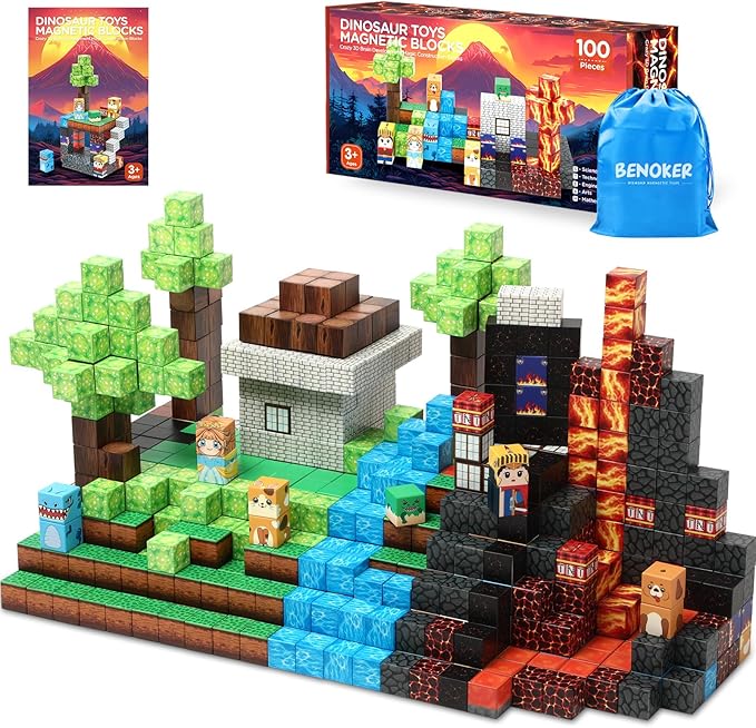 Dinosaur Magnetic Blocks,Dino Volcano World Magnet Building Toys, Sensory Montessori Toys for STEM Learning, Toddler Gift for Boys & Girls Age 3-4 4-5 6-8-CubbioJoy