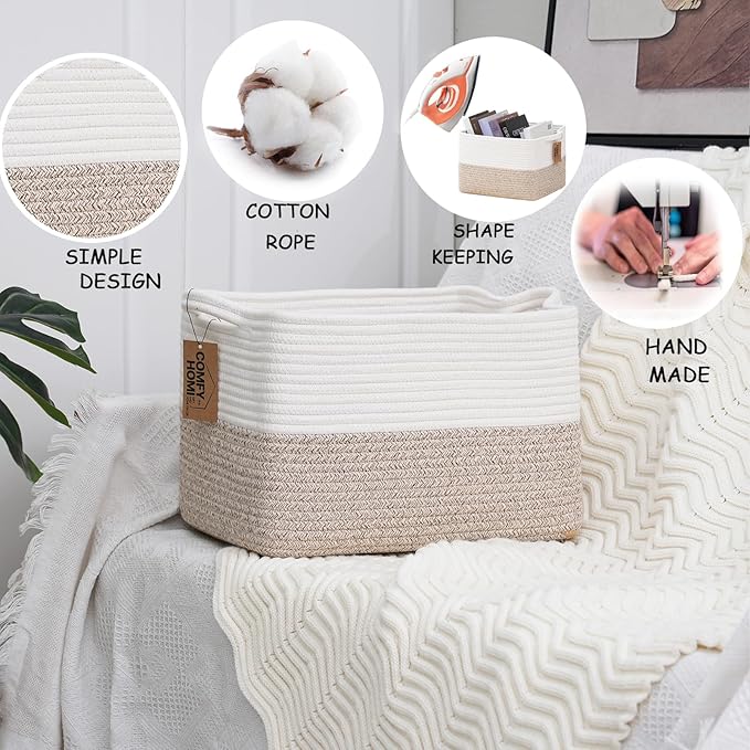 COMFY-HOMI Cotton Rope Woven Basket with Handles for Shelves,Toys,Book, Cloth Storage Baskets for Organizing-13.5" x 11" x 9.5" Toy Decorative Organizer for Living Room, Bathroom （White/Brown）-CubbioJoy