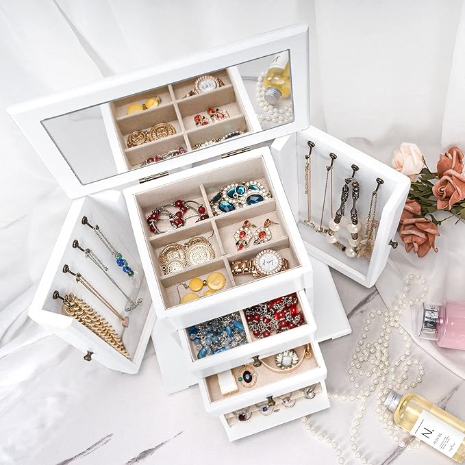 Jewelry Box for Women, Rustic Wooden Jewelry Boxes & Organizers with Mirror, 4 Layer Jewelry Organizer Box Display for Rings Earrings Necklaces Bracelets (Weathered White)-CubbioJoy