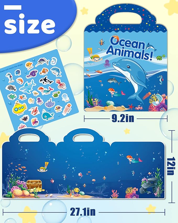 Benresive Reusable Sticker Book for Toddlers 2-4 Years, Fun Travel Stickers for Kids, Waterproof Sticker Books for Toddlers 1-3, Crafts Activities for Todddlers 1-3 2-4 3-5 - Ocean Animals-CubbioJoy