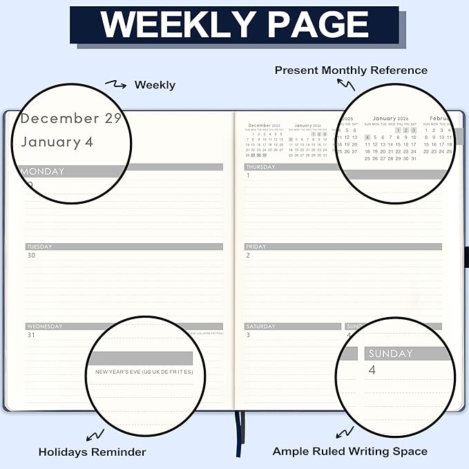 2026 Planner - Weekly and Monthly Planner 2026, JAN 2026 - DEC 2026, 8.5" x 11", Leather Cover 2026 Planners with Thick Paper, Back Pocket with Notes Pages - Blue-CubbioJoy