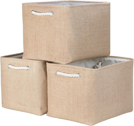 Bidtakay Fabric Storage Baskets for Shelves 3 Pack Large Storage Bins for Organizing Linen Collapsible Organizer for Closet-Flaxen-CubbioJoy