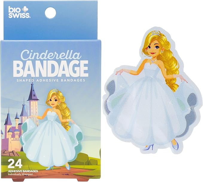 BioSwiss Bandages, Princess Cinderella Shaped Self Adhesive Bandage, Latex Free Sterile Wound Care, Fun First Aid Kit Supplies for Kids and Adults, 24 Count-CubbioJoy