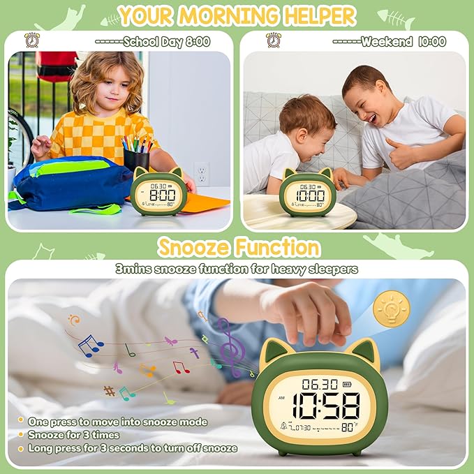 Kids Alarm Clock with Night Light for Kids, Small Digital Alarm Clocks for Bedrooms, Routine Builder, Cute Cat Alarm Clock with Sleep Training, Snooze, 12/24H, Date & Day, Temperature, USB Port-CubbioJoy