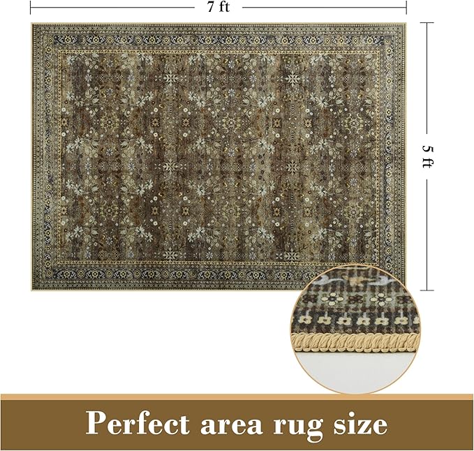 5x7 Machine Washable Area Rug for Living Room Dining Room, Vintage Floral Kitchen Rugs Non Slip, Traditional Indoor Floor Carpet for Bedroom, Farmhouse, Office Classroom Brown/Yellow-CubbioJoy