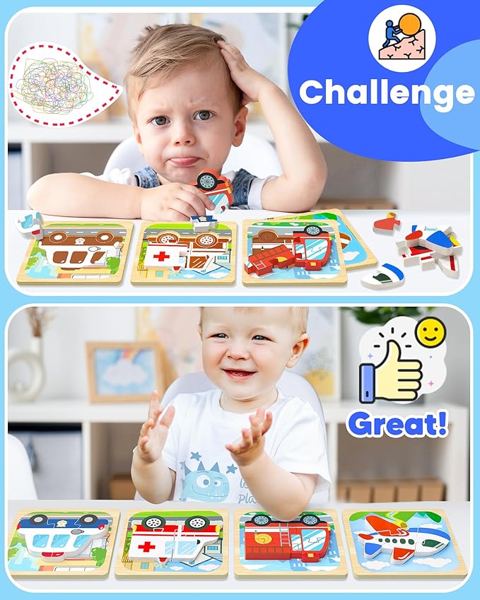 Benresive Wooden Toddler Puzzles, Montessori Toys for 1 2 3 Year Old Boys, Toys for 1 2 3 Year Old Boy Birthday Gifts, 4 Pack Vehicle Toddler Learning Educational Puzzles-CubbioJoy