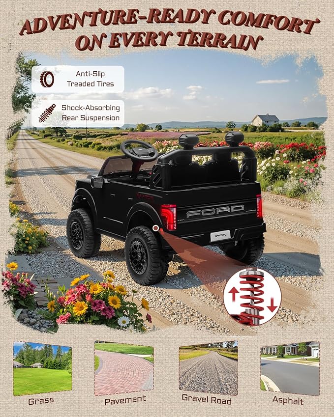 24V Ride on Toys for Big Kids, Licensed Ford F-150 Raptor 2 Seater Kids Ride on Car w/Remote Control, Toddler Electric Car w/LED Lights, Bluetooth, Truck Bed Storage, Soft Start (Black)-CubbioJoy