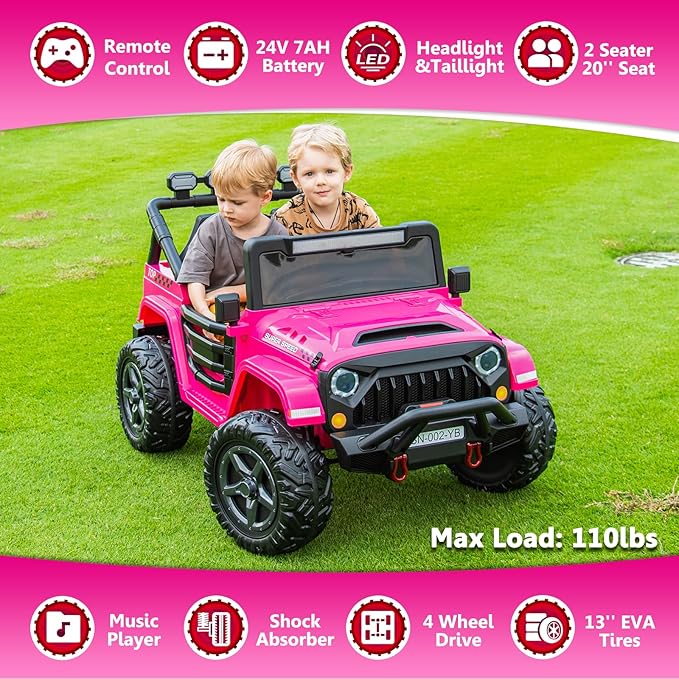 24V 2 Seater Ride On Truck with Remote Control 4WD Electric Car for Kids Ride On Car Battery Powered Ride On Toy Car with Music Player, LED Lights, Bluetooth, Rear Shock Absorber, Hot Pink-CubbioJoy
