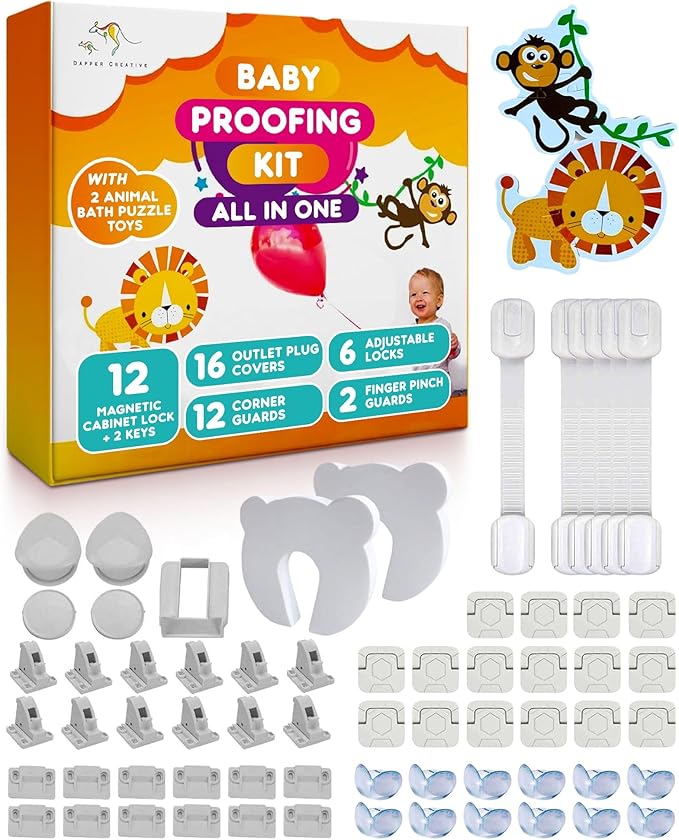 Baby Proofing Kit 67pcs All in One Includes Magnetic Cabinet Locks for Baby Proofing, Corner Bumper Protectors, Child Safety Strap Locks, Power Point Outlet Covers, Finger Pinch Guards & Bath Toys-CubbioJoy