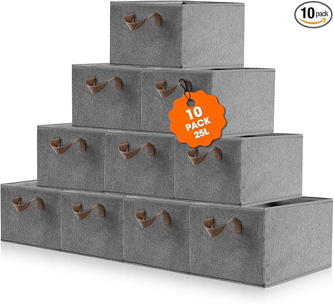 10 Pack Large Capacity Storage Bins, 25L Fabric Closet Organizer With Handles, Collapsible Baskets for Shelves, Clothing, Sheets, Books, Toys (Gray)-CubbioJoy
