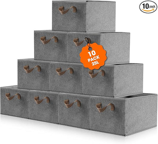 10 Pack Large Capacity Storage Bins, 25L Fabric Closet Organizer With Handles, Collapsible Baskets for Shelves, Clothing, Sheets, Books, Toys (Gray)-CubbioJoy