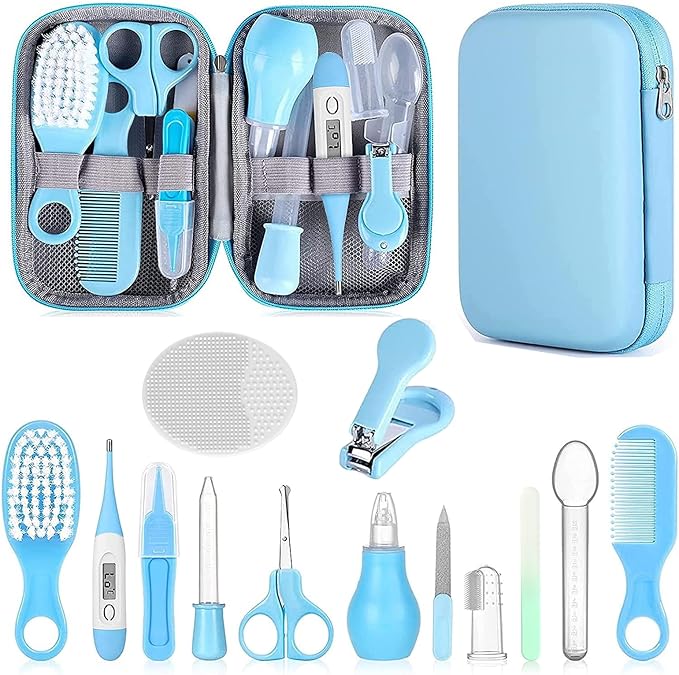 Baby Grooming Kit, Infant Safety Care Set with Hair Brush Comb Nail Clipper Nasal Aspirator,Baby Essentials Kit for Newborn Girls Boys (Blue)-CubbioJoy