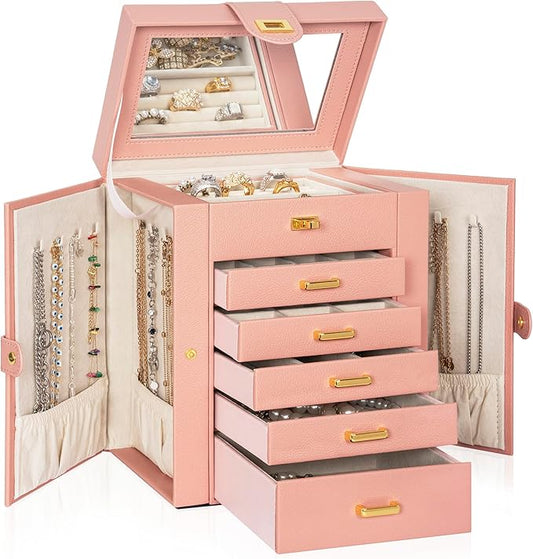 AKOZLIN Jewelry Box Organizer Functional Leather Jewelry Storage Case for Women Girls Ring Necklace Earring Bracelet Holder Organizer with Mirror Pink-CubbioJoy