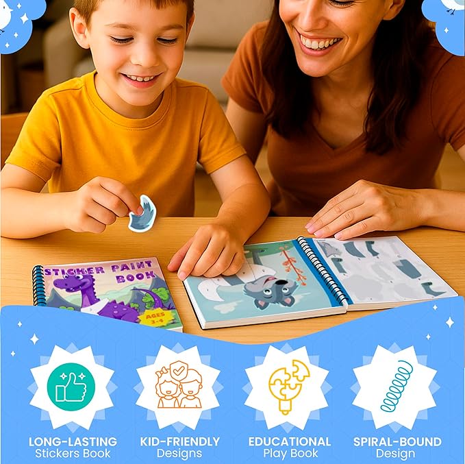 BulbaCraft 4Pcs Sticker Paint Books for Boys - Sticker Books by Number with Dinosaurs, Trucks, Animals and Under The Sea - Coloring Activity for Kids-CubbioJoy