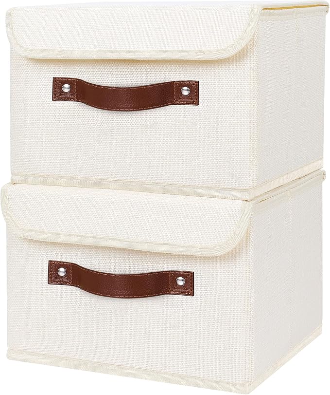 ANMINY 2PCS Storage Bins with Lid PU Leather Handles Storage Boxes PP Plastic Board Decorative Foldable Lidded Cotton Linen Fabric Home Cubes Baskets Closet Organizer Containers - Beige, Small Size-CubbioJoy