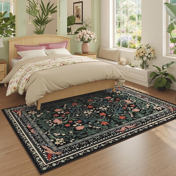 5x7 Washable Rug Vintage Floral Botanical Area Rug Non Slip Low Pile Large Rugs for Living Room, Bedroom, Farmhouse, Dining Room, Kids Playroom, Black-CubbioJoy