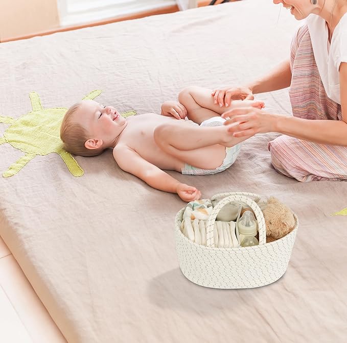 Diaper Caddy Organizer Cotton Rope Baby Basket Nursery Storage and Portable Tote Bag for Car Ideal Baby Shower Gifts and Registry Must-Have for Newborn Essentials striped-CubbioJoy