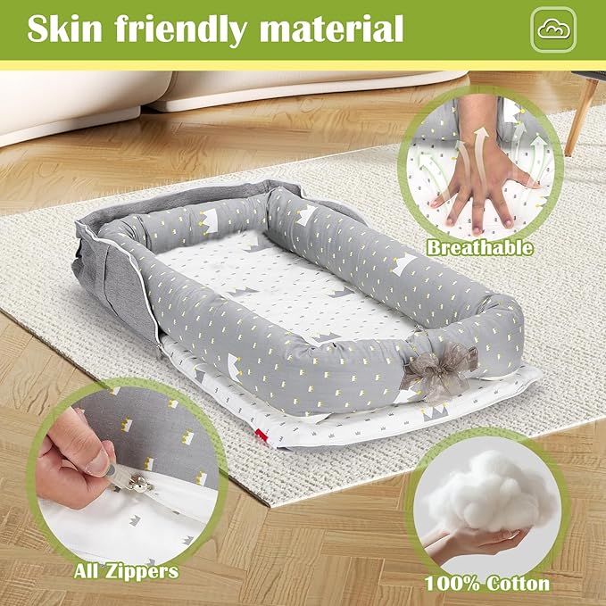 Baby Lounger for Newborn Portable Bag,Baby Lounger Play Mat for Awake-Time,Newborn Babies Essentials Gifts 0-24 Months Home Travel(Crown Grey)-CubbioJoy