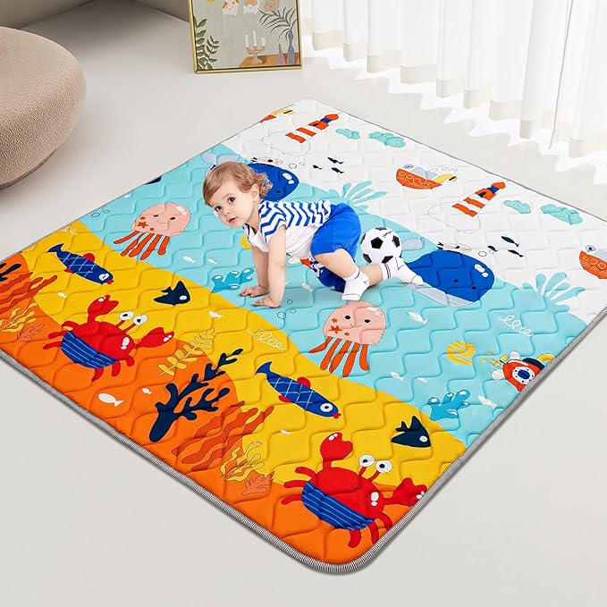 Baby Play Mat - Thicken 50x50 Inch Soft Foam Crawling Mat for Playpen & Floor, Non-Slip Waterproof Playmats for Infants & Toddlers, Portable Foldable & Machine Washable, Ocean World-CubbioJoy