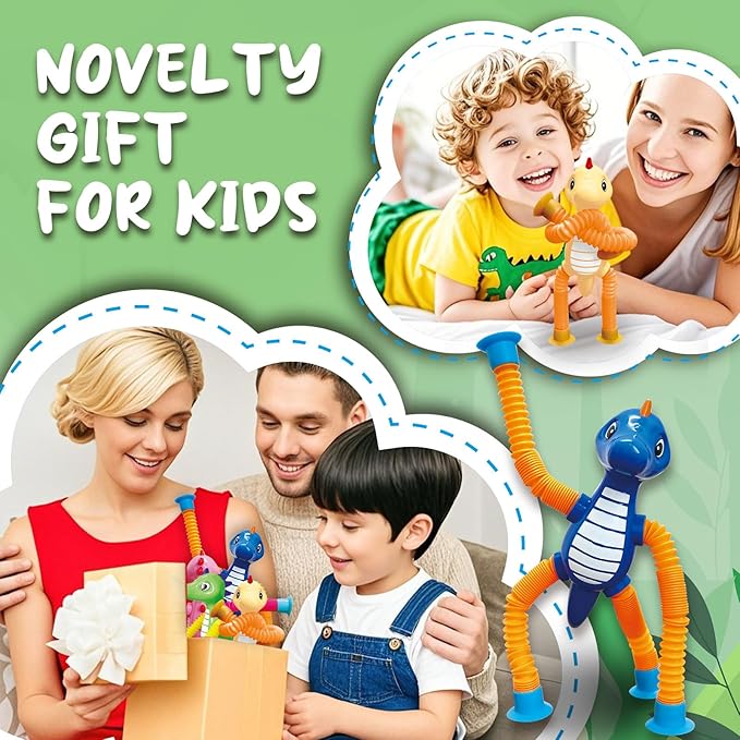 Dinosaur Pop Tubes Toys LED Light Up Mini Figures Fidget Sensory Toys Dino Telescopic Suction Cup Gift Sets, Toddler Autism Stress Relief Party Favors Prizes Stocking Stuffers for Kids 3+-CubbioJoy