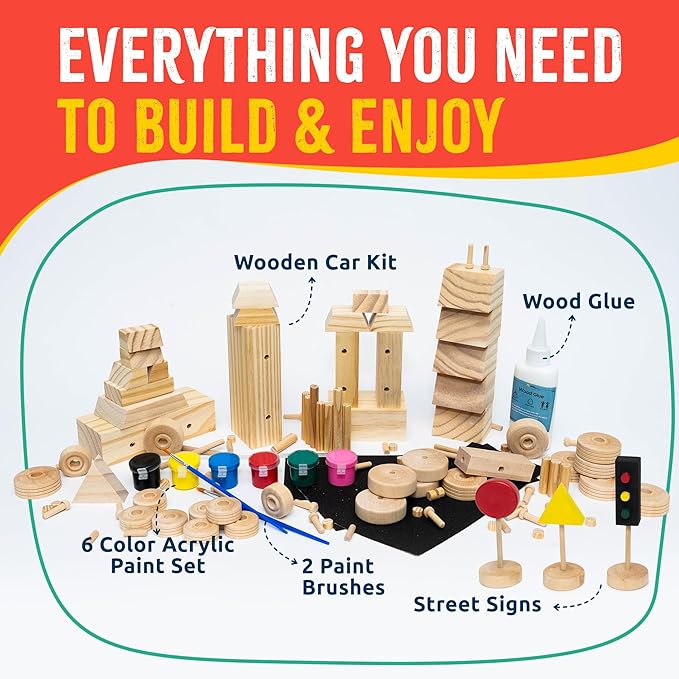 DIY Wood Building Kits, STEM Woodworking Kit for Kids, Creative Fun Craft Projects, Great Gift for Boys & Girls (Wooden Cars, 1-Pack)-CubbioJoy