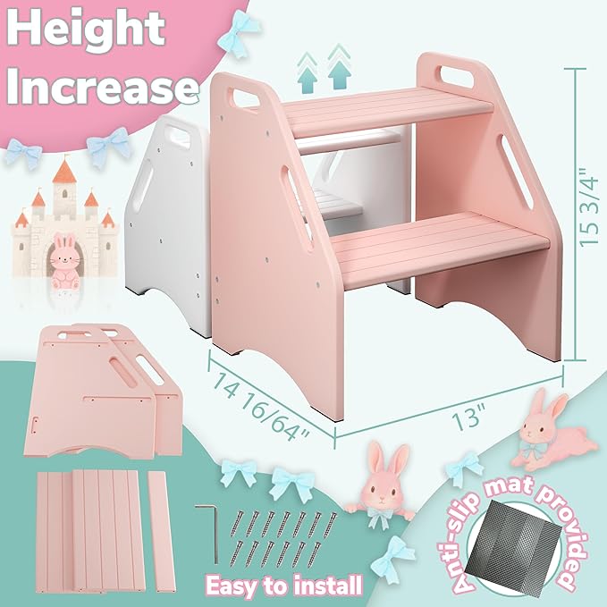 AMBIRD Wooden Kids Step Stool, 15.75'' H Potty Training Toddler 300 lbs Capacity with Safety Non-Slip Pads and Handles, Kitchen Step Stools for Kids, Bamboo Step Stool for Bathroom, High Beds (Pink)-CubbioJoy