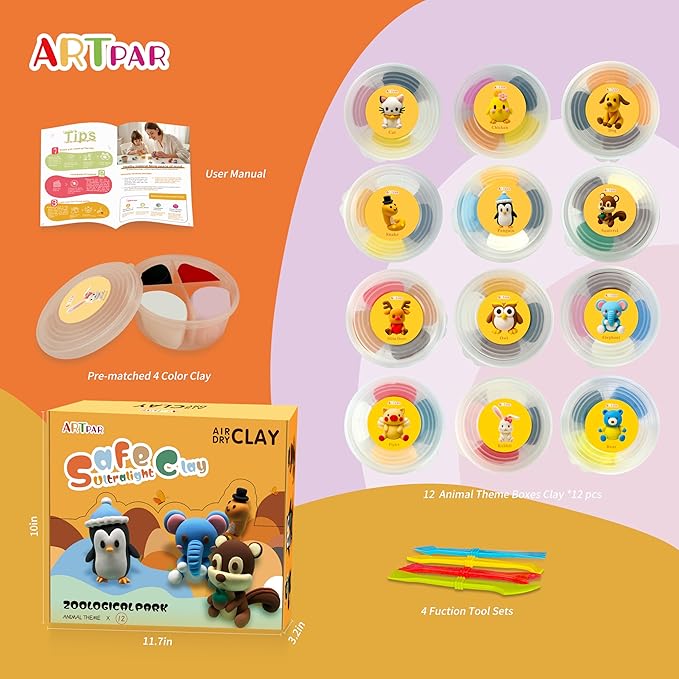 Air Dry Clay Kits for Kids-Modeling Magic Clay,12 Animals DIY Molding Clay Art Crafts Set,Ultra Light & Soft, Safe & Non-Toxic with Sculpting Tools & Tutorials, Unique Gifts for Boys & Girls-CubbioJoy