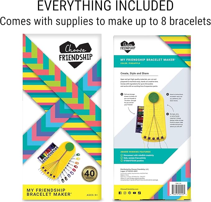 Choose Friendship Bracelet Making Kit – 20 Pre-Cut Threads, Portable Loom with Storage, Makes 8 Bracelets, Craft Gift for Kids Ages 8+, Yellow “Pineapple”-CubbioJoy